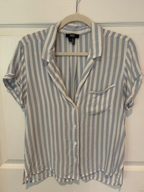 PAIGE Blue and White Vertical Stripe Short-Sleeve Button Shirt